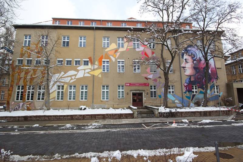Außenansicht des DELH im Winter. An der Fassade des Gebäudes sind bunte Mosaikformen und das Profil von Dorothea von Erxleben in bunten Farben gemalt.
