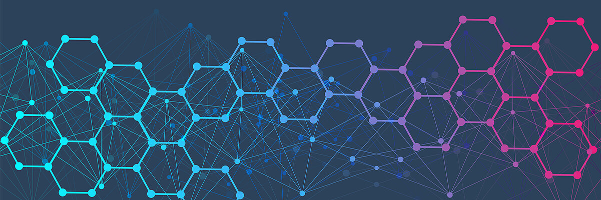 abstrakt dargestellte Zellen auf dunkelblauem Grund