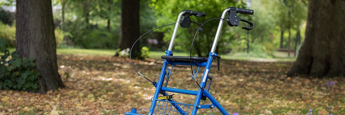 blauer Rollator im Park