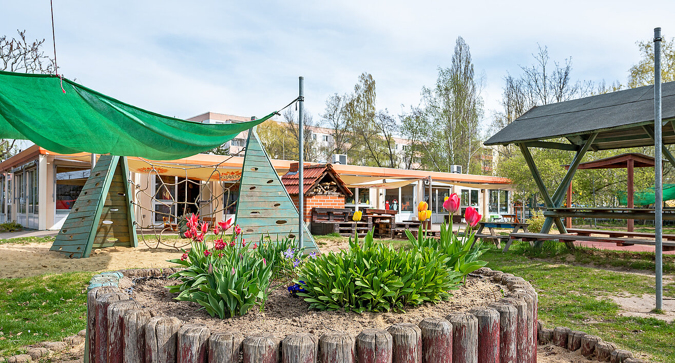Außenbereich der Kita MediKids. Auf der Wiese befinden sich ein Beet, Spielgeräte und rechts im Bild eine überdachte Sitzgelegenheit. Im Hintergrund befindet sich das Hauptgebäude der Kita.