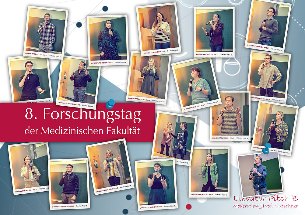 Eine Kollage von den Vortragenden der Elevator Pitches, die im Stil von Polaroid Fotos durcheinander angeordnet sind.