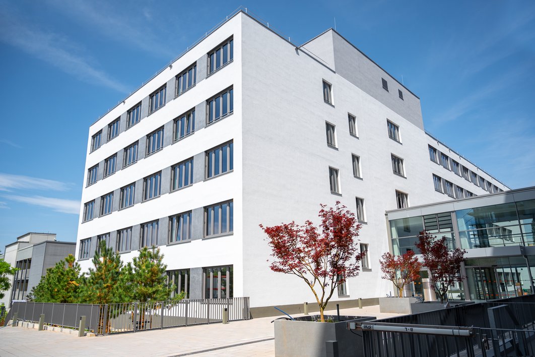 Blick von unten auf einen großen Neubau: das Bettenhaus eines Krankenhauses. Davor stehen Bäume auf einem gepflasterten Platz, rechts ist ein gläserner Verbindungsgang zu sehen.