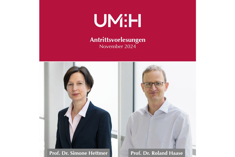 Eine quadratische Bildmontage mit drei Kacheln. Zwei Kacheln zeigen die Porträtfotos von Professor:innen. Die dritte Kachel ist rot und mit dem Text "UMH, Antrittsvorlesungen November 2024" versehen.  Eine quadratische Bildmontage mit drei Kacheln. Zwei Kacheln zeigen die Porträtfotos von Professor:innen. Die dritte Kachel ist rot und mit dem Text "UMH, Antrittsvorlesungen November 2024" versehen.