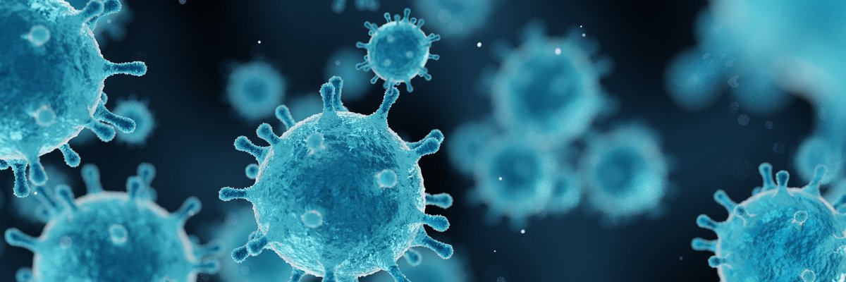 Coronaviren schweben symbolisch auf blauen Untergrund