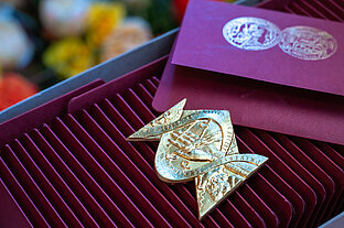 Eine goldene Medaille auf roten Umschlägen mit dem Siegel der Medizinischen Fakultät der MLU.