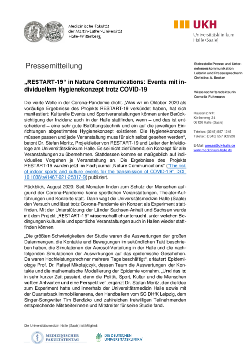 Pressemitteilung "'RESTART-19' in Nature Communications: Events mit individuellem Hygienekonzept trotz COVID-19" als PDF zum Download