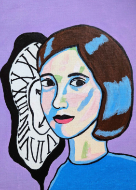 Gemaltes Porträt einer Frau. Links hinter ihrem Kopf befindet sich eine gemalte Uhr, die nach unten fließt.  