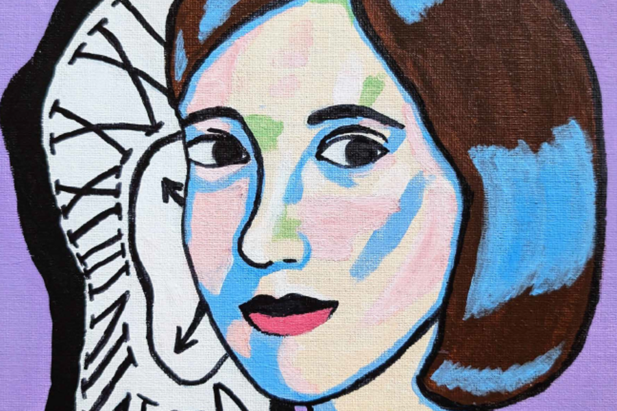 Gemaltes Porträt einer Frau. Links hinter ihrem Kopf befindet sich eine gemalte Uhr, die nach unten fließt.    Gemaltes Porträt einer Frau. Links hinter ihrem Kopf befindet sich eine gemalte Uhr, die nach unten fließt.  