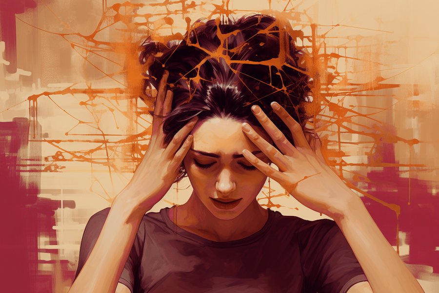 Bild im Stil eines Gemäldes. Eine Frau hält sich beide Hände an den Kopf.  Bild im Stil eines Gemäldes. Eine Frau hält sich beide Hände an den Kopf.