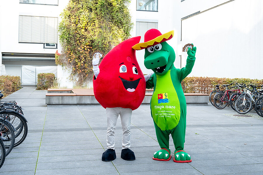Die Maskottchen der Blutspende des Universitätsklinikums Halle (Saale), ein Blutstropfen, und des Maya mare, ein Krokodil, stehen in einem Innenhof des Universitätsklinikums Halle (Saale) und winken in die Kamera.  Die Maskottchen der Blutspende des Universitätsklinikums Halle (Saale), ein Blutstropfen, und des Maya mare, ein Krokodil, stehen in einem Innenhof des Universitätsklinikums Halle (Saale) und winken in die Kamera.