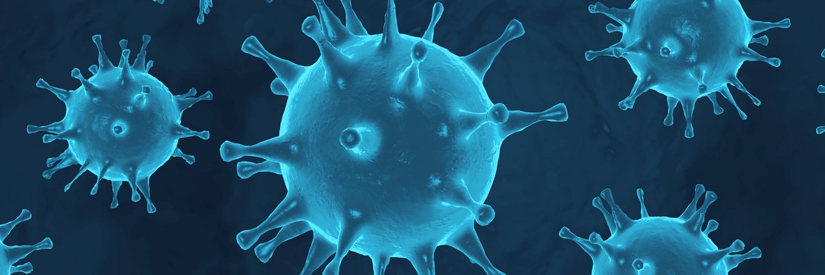 symbolisch schweben blaue Coronaviren auf dunkelblauem Grund