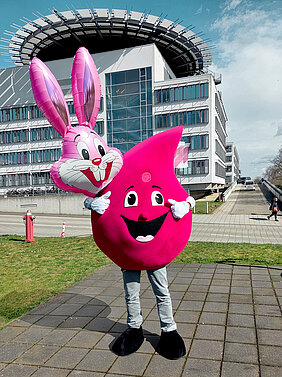Eine Person steht im Maskottchen-Kostüm der Blutspende des Universitätsklinikums Halle (Saale) (UKH) vor dem Hauptgebäude des UKH. Das Kostüm ist ein großer Blutstropfen. Hinter ihm schwebt ein Luftballon in Hasenform.