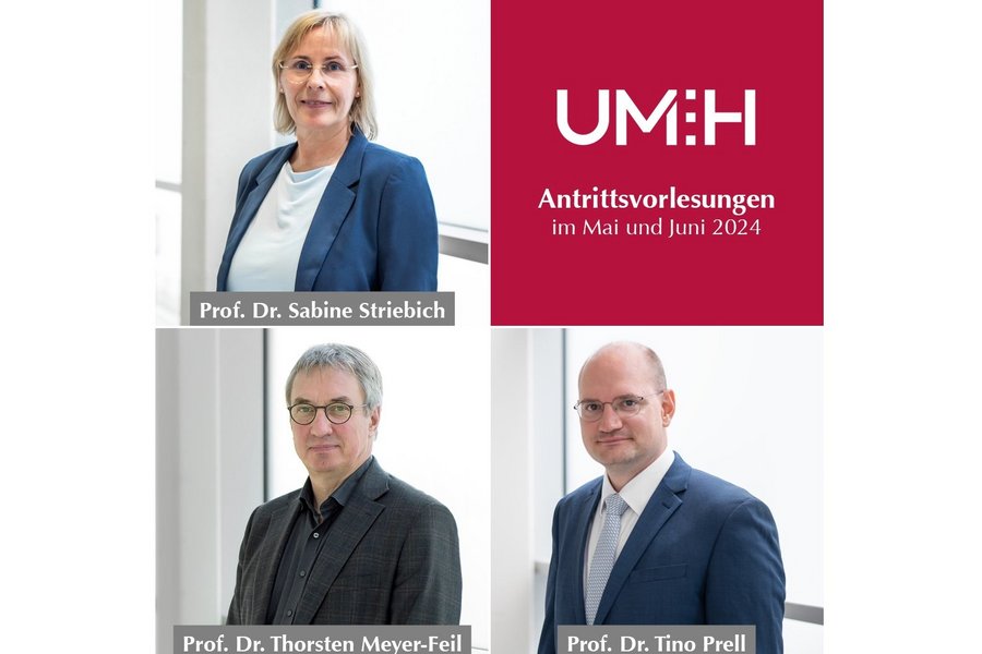 Eine quadratische Bildmontage mit vier gleich großen Kacheln. Drei Kacheln zeigen die Porträtfotos von Professor:innen. Die vierte Kachel ist rot und mit dem Text "UMH, Antrittsvorlesungen im Mai und Juni 2024" versehen.   Eine quadratische Bildmontage mit vier gleich großen Kacheln. Drei Kacheln zeigen die Porträtfotos von Professor:innen. Die vierte Kachel ist rot und mit dem Text "UMH, Antrittsvorlesungen im Mai und Juni 2024" versehen. 