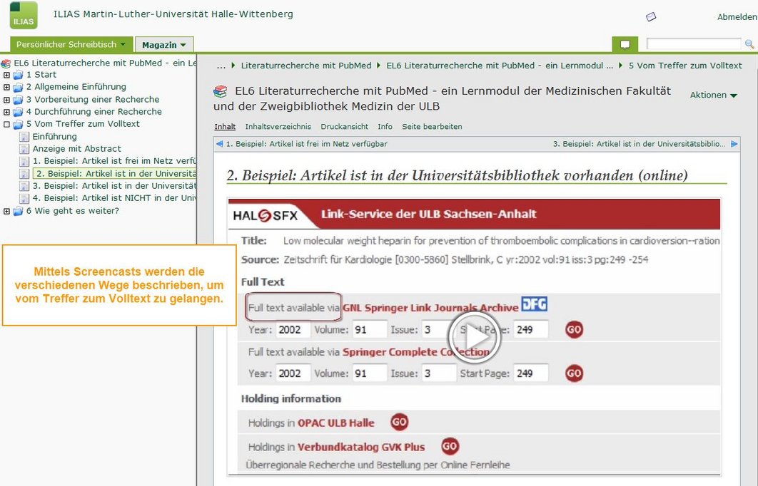 Screenshot der ILIAS-Lernplattform der Uni Halle, Thema Literaturrecherche