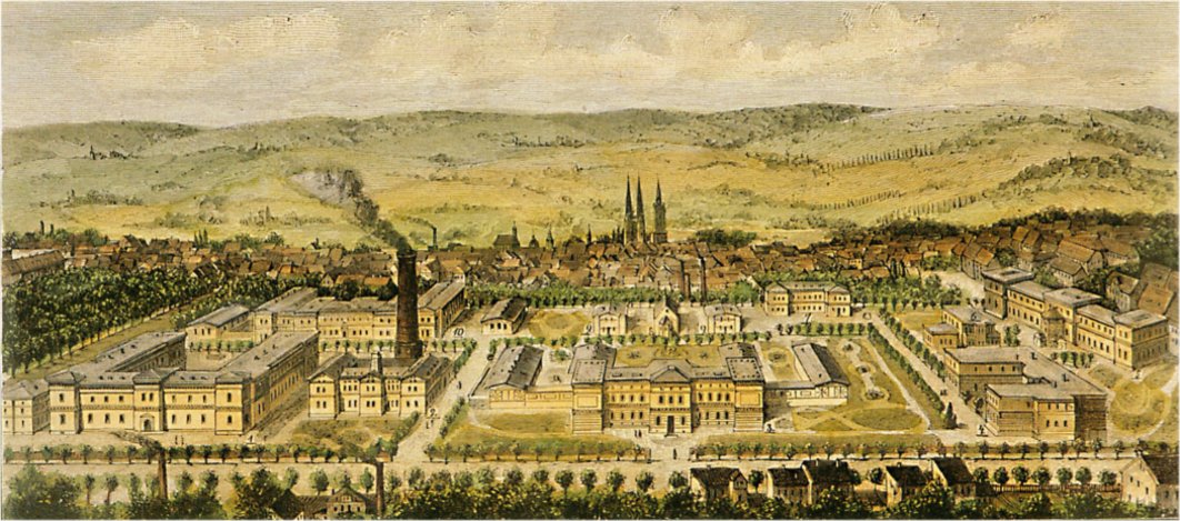 Blick auf den Medizin-Campus in der Magdeburger Straße in Halle, und die Stadt und Landschaft dahinter; historische Zeichnung.