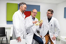 Drei Mediziner in weißen Kitteln diskutieren eine Wirbelsäule an einem anatomischen Modell in einem modernen Praxisraum.