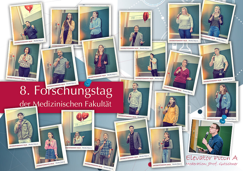 Eine Kollage von den Vortragenden der Elevator Pitches, die im Stil von Polaroid Fotos durcheinander angeordnet sind.