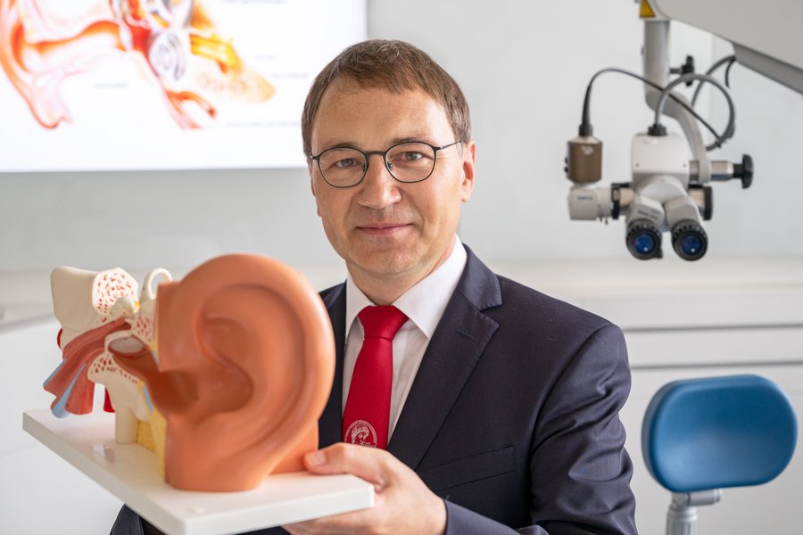 Prof. Dr. Stefan Plontke präsentiert ein anatomisches Modell eines Ohres.  Prof. Dr. Stefan Plontke präsentiert ein anatomisches Modell eines Ohres.