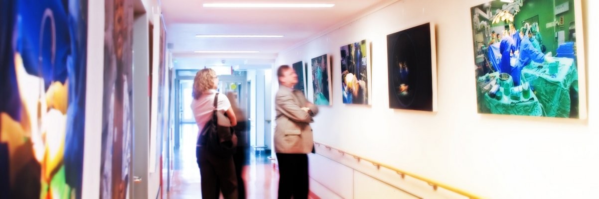 Menschen schauen sich auf einen Gang eine Fotoausstellung an